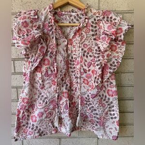 Tallulah Floral Ruffle Tie Front Flutter Sleeve Cotton Boho Top Large